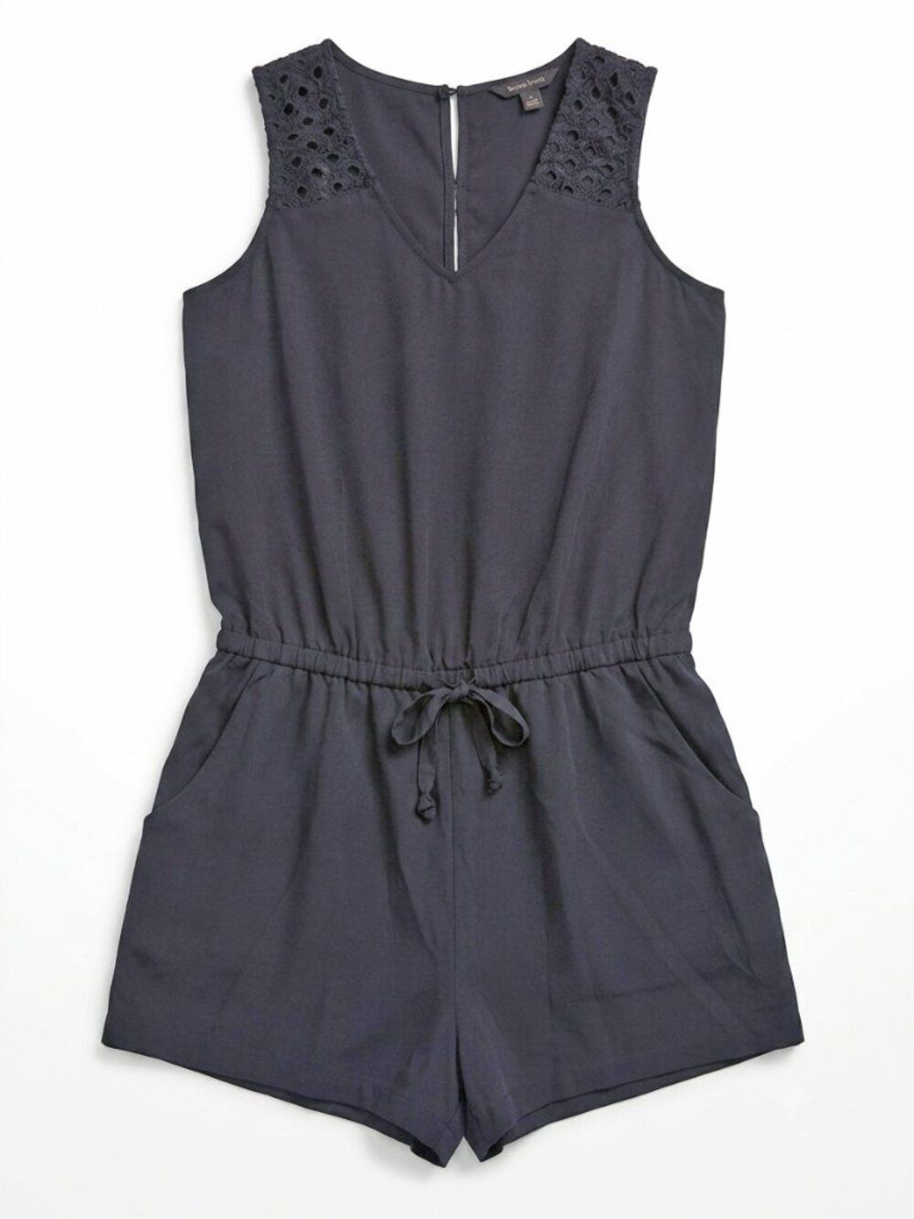 Banana Republic Drawstring Romper Eyelet Lace Sleeveless V-Neck Dk Navy Sz 2